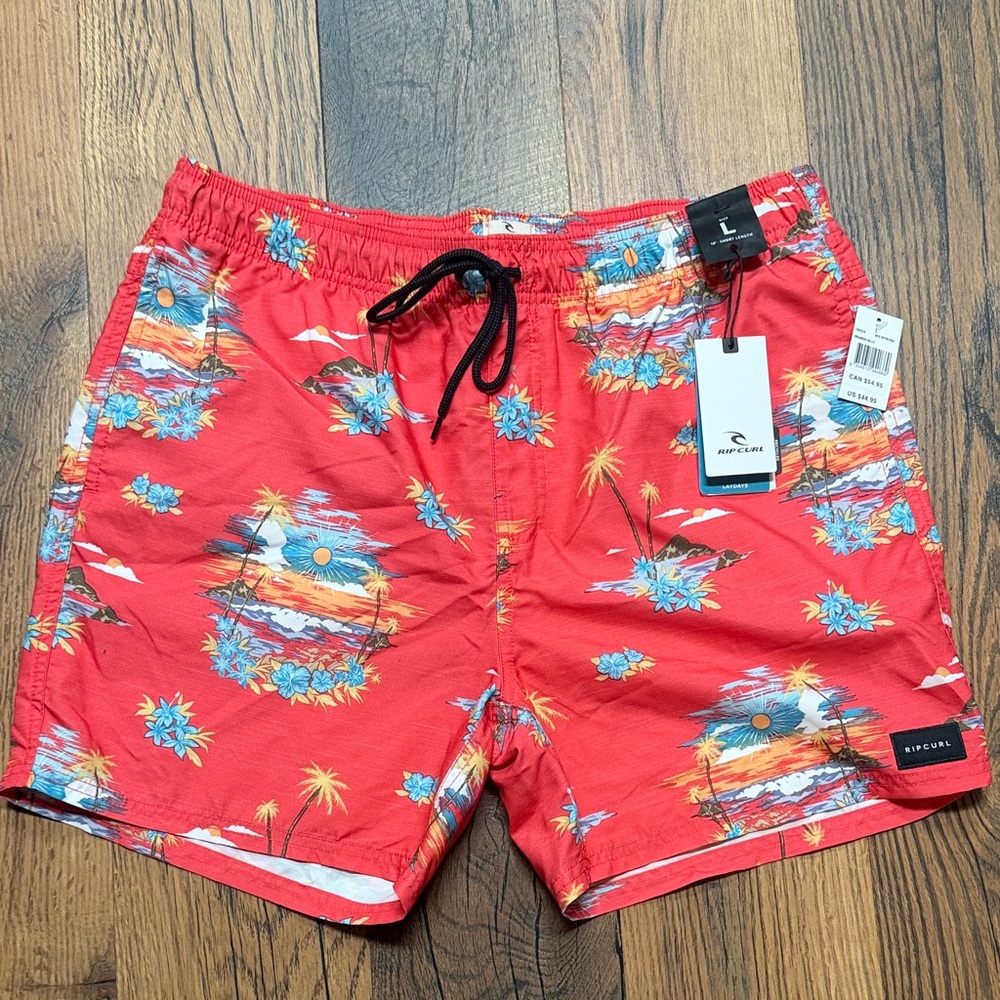 NWT Rip Curl Menʻs Large Red Tropical Print Swim Trunks